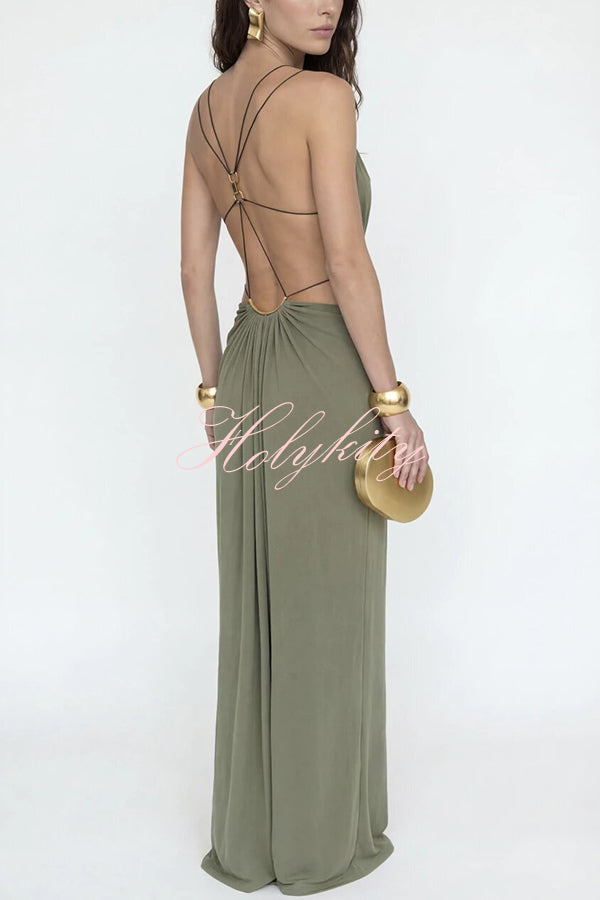 Athena Metal-Link Cutout Design Back Lace-up Drape Maxi Dress