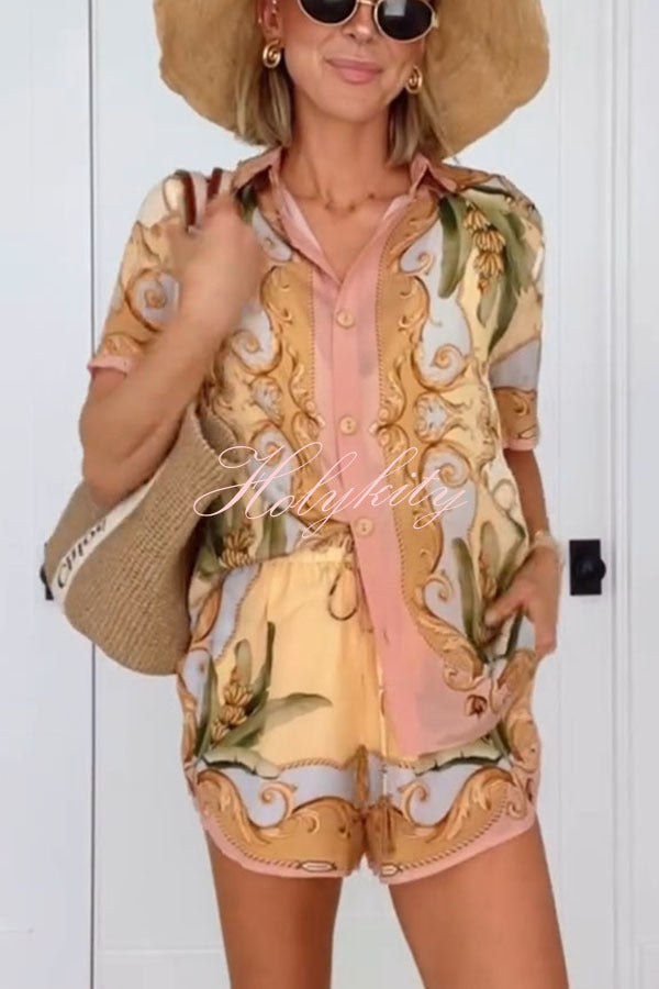 Royalty Unique Print Button Up Short Sleeve Shirt and Elastic Waist Pocketed Loose Shorts Set