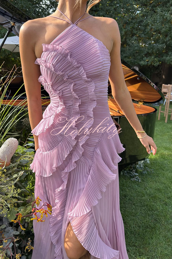 Dream Ode Lily Pad Style Pleats and Ruffles Halter Gown Maxi Dress