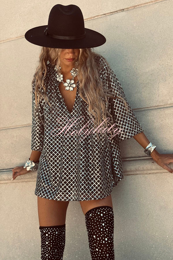 All about Glam Collar Sequin V-neck Half Sleeve Loose Top