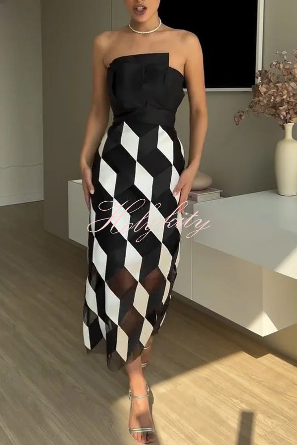 Sexy Tube Top and Backless Rhombus Contrast Midi Dress