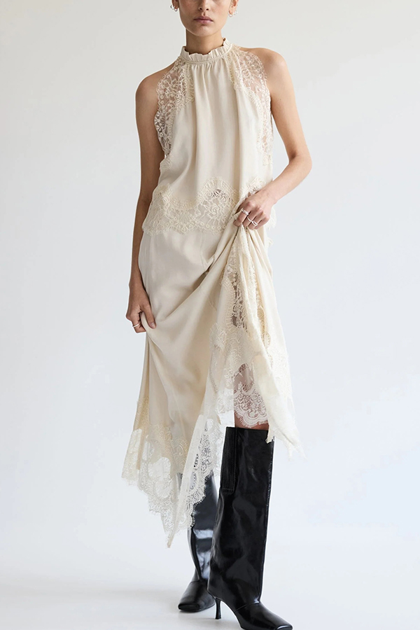 Modern Muse Satin Lace Trim Pleated Neck Top and A-line Irregular Slit Skirt Set