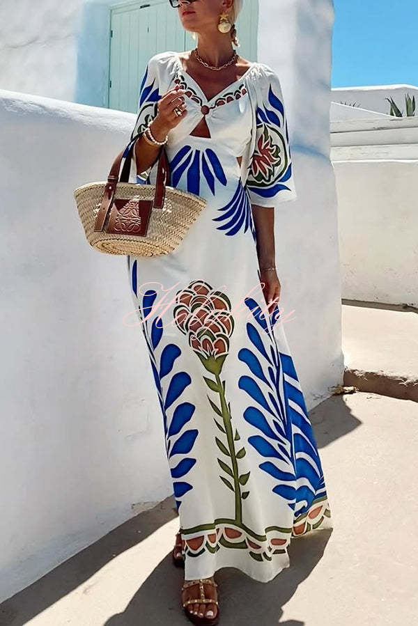 Linen Blend Unique Printed V-Neck Hollow Backless Lace-Up Holiday Maxi Dress