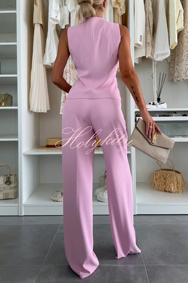 Workplace Chic Sleeveless Button Vest and Relaxed Pocket Wide Leg Pants Set