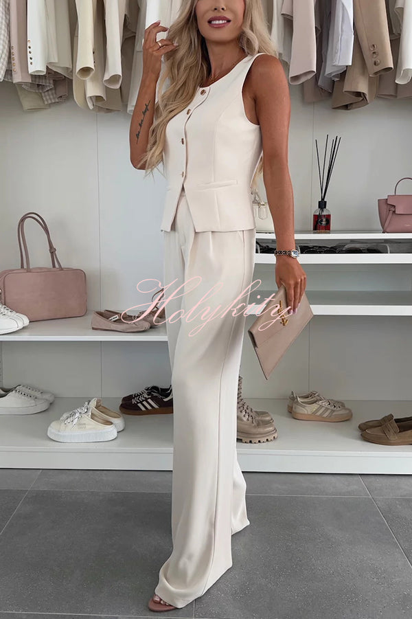 Workplace Chic Sleeveless Button Vest and Relaxed Pocket Wide Leg Pants Set