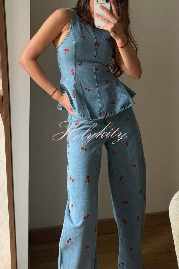 Sweet Casual Denim Cherry Print Princess Seams Flare Vest Top