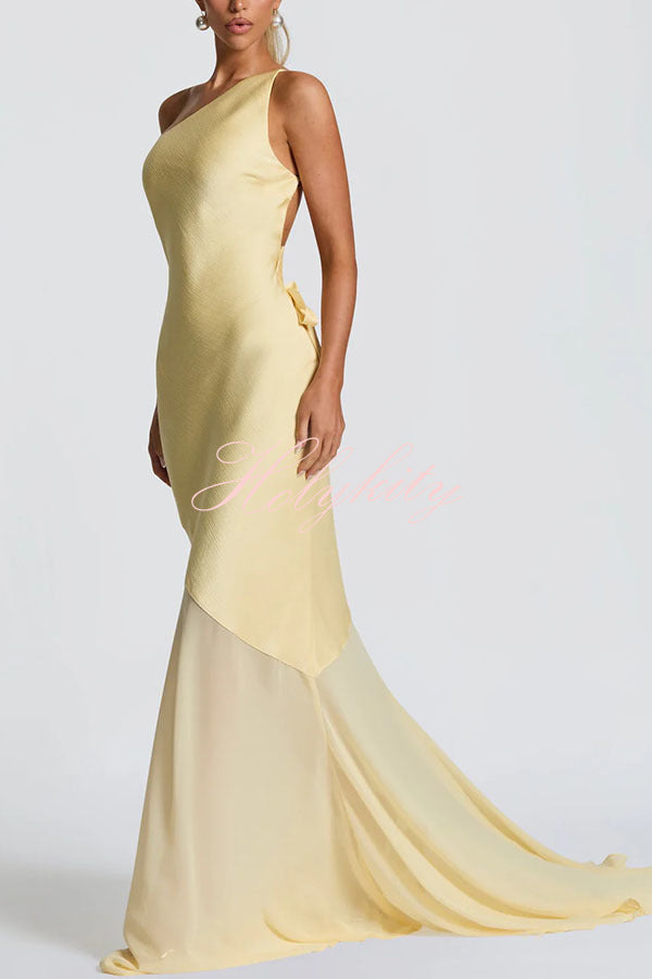 Fable Satin One Shoulder Back Adjustable Straps Contrast Chiffon Hem Maxi Dress