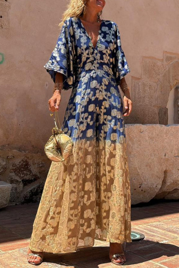 Avani Tie Dye Gradient Golden Flower Print Wide Sleeve Elastic Waist Jumpsuit