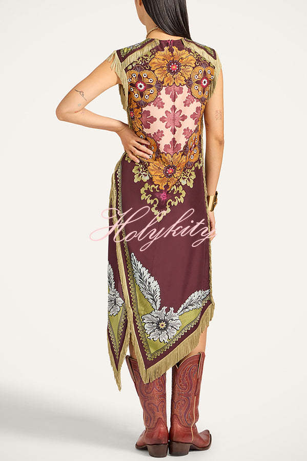 Bohemian Style Floral Print Tassel Trim Irregular Hem Slit Scarf Midi Dress
