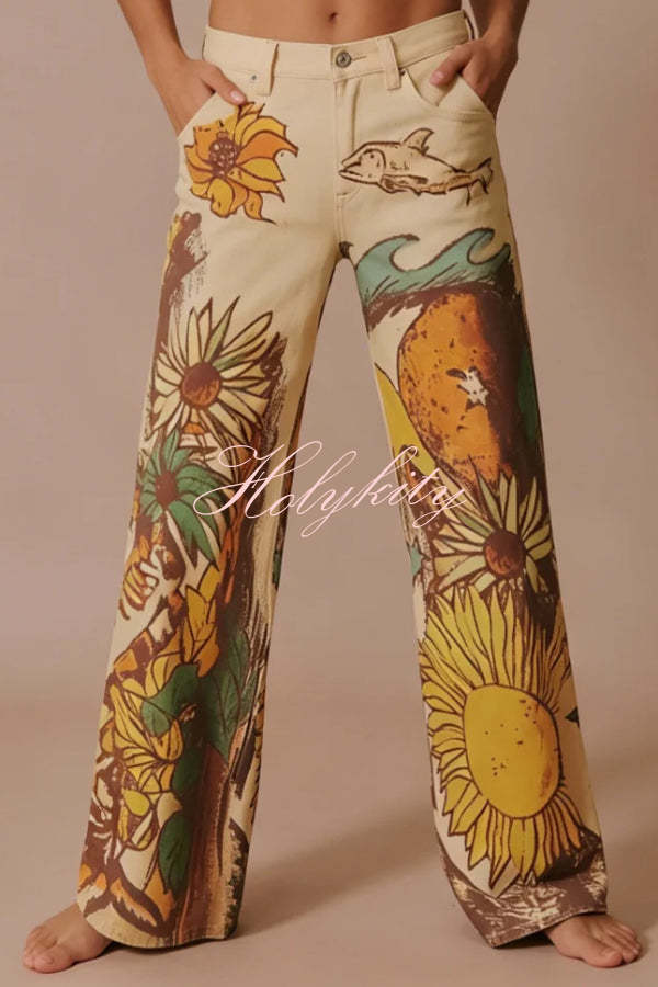 We The Free Playful Doodle Printed Mid Rise Pocket Wide Leg Pant