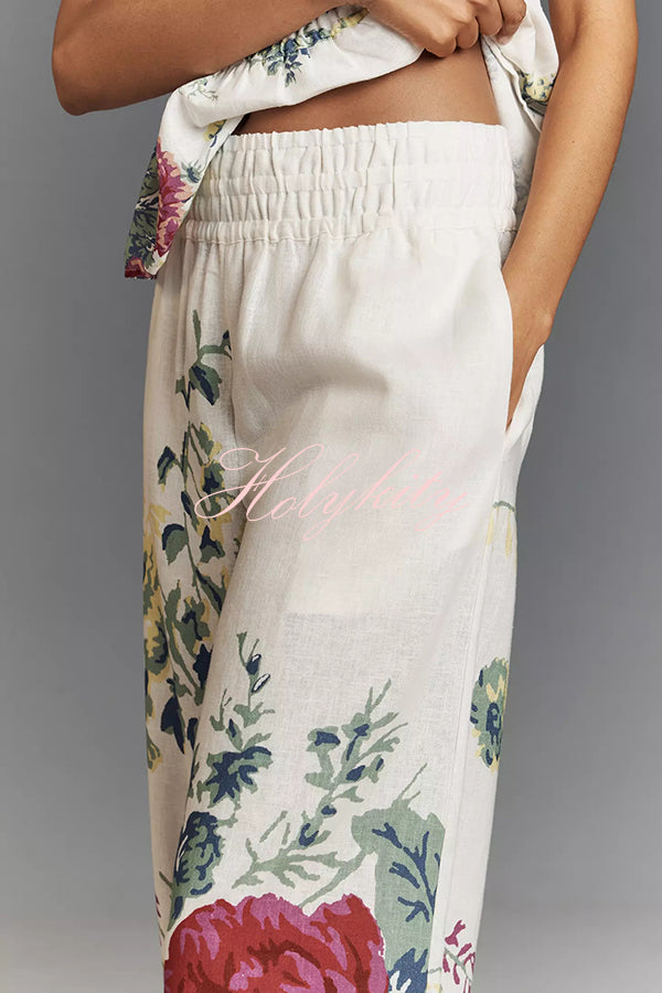 In To The Summer Linen Blend Floral Print Elastic Bandeau and Elastic Waist Pocket Loose Pants Set