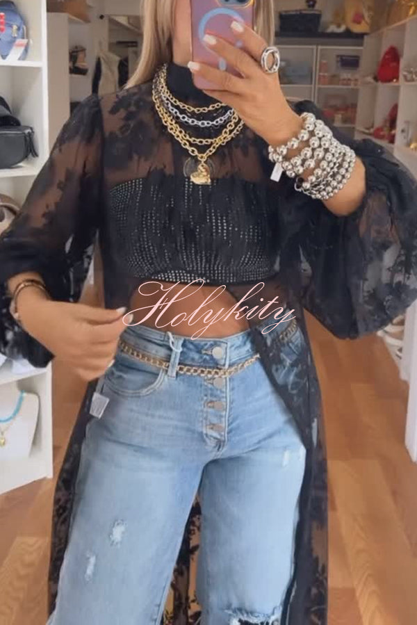 Tanya Lace Pattern Mock Neck Balloon Sleeve High Low Maxi Top