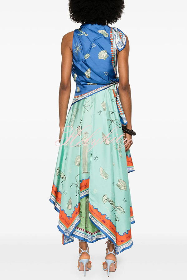Surrealist Summer Satin Unique Print Tie-up Details Layered Hem Scarf Maxi Dress