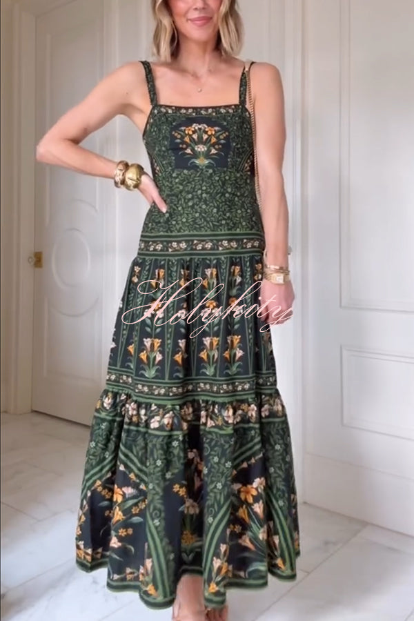 Tropical Look Linen Blend Floral Print Square Neck Back Smocked Midi Dress