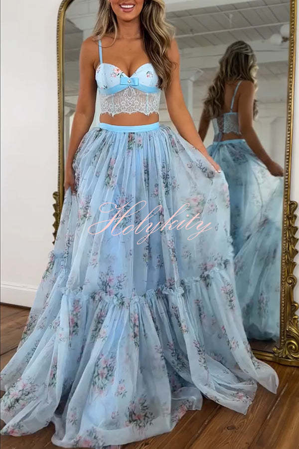 Vita Floral Satin Bow Lace Back Lace-up Crop Tank and Tulle High Rise A-line Maxi Skirt Set