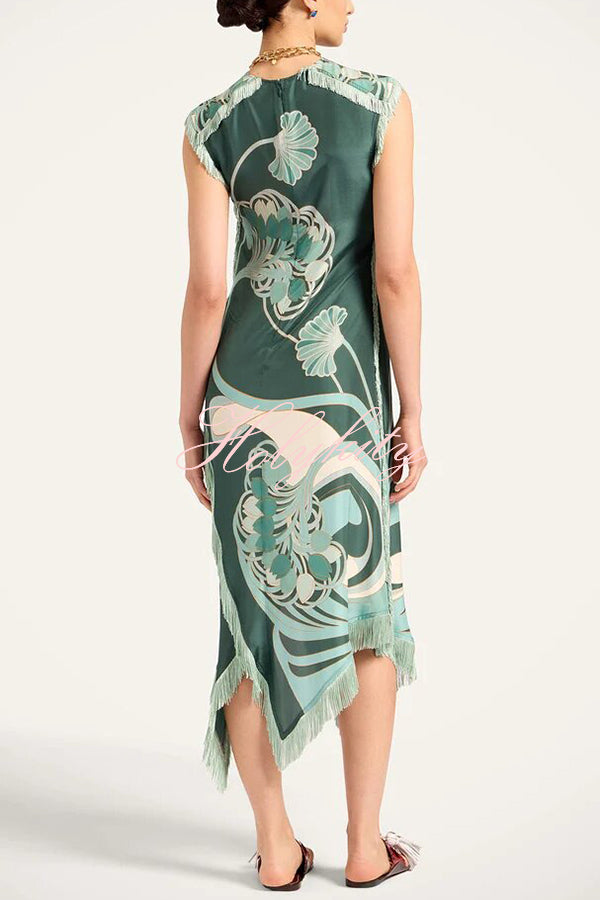 Bohemian Style Floral Print Tassel Trim Irregular Hem Slit Scarf Midi Dress