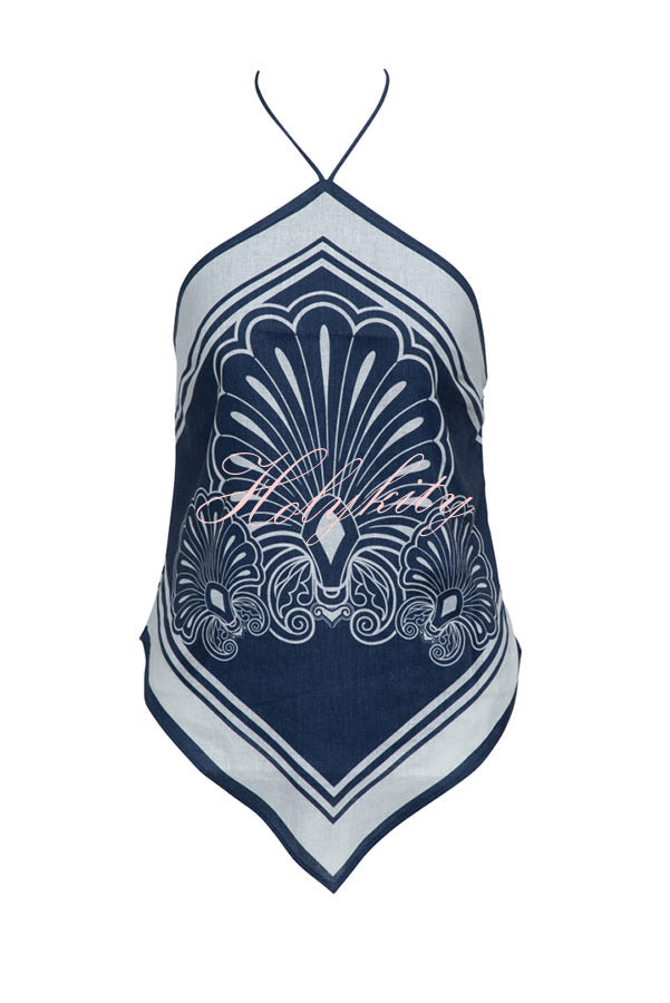 Jiya Linen Blend Unique Print Halter Scarf Tank and Elastic Waist Pocket Shorts Set