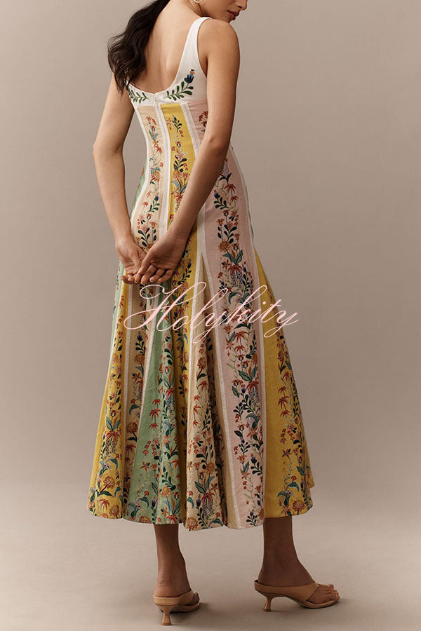 Sweet Garden Linen Blend Color Block Floral Paneled Maxi Dress