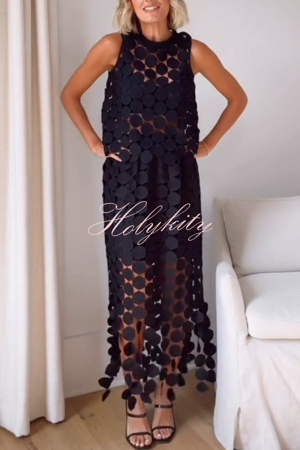 Casie See Through Circle Embroidery Elastic Waist Tassle Hem Maxi Skirt