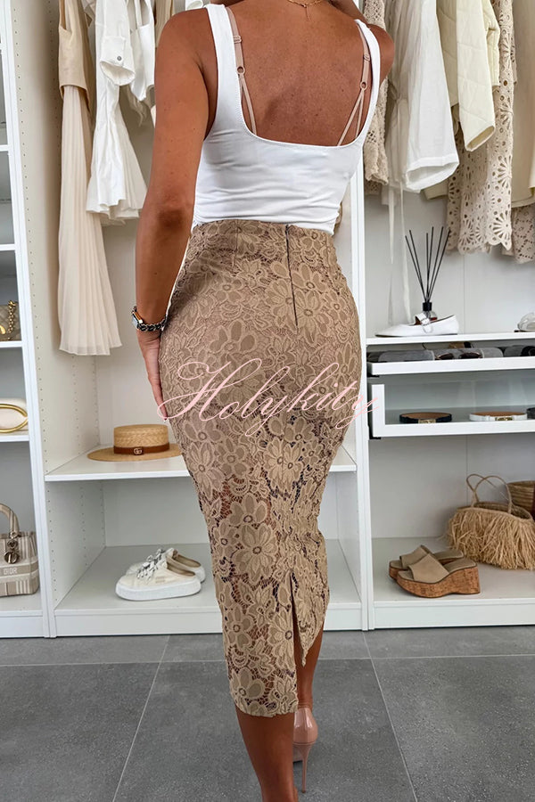 Lesia Floral Lace High Rise Slit Stretch Midi Skirt