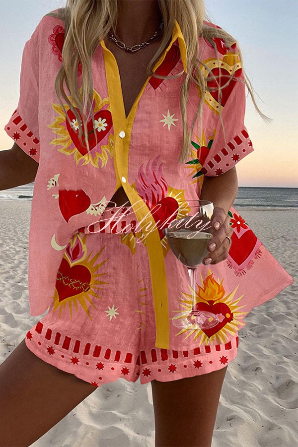 Beach Heart Print Loose Button Elastic Waist Shorts Set