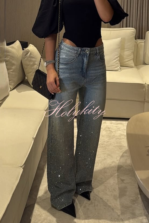 Fashion Star Rhinestone High Rise Casual Pocket Straight Loose Jeans