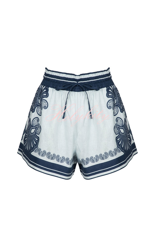 Jiya Linen Blend Unique Print Halter Scarf Tank and Elastic Waist Pocket Shorts Set