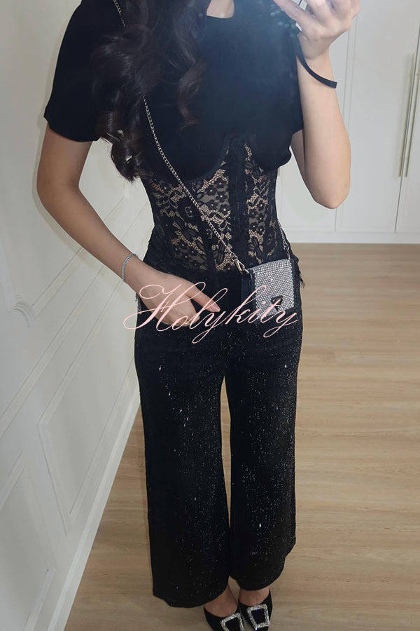 Deelia Lace Fishbone Short Sleeve Back Lace-up Waisted T-shirt