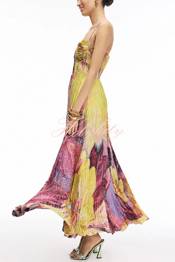 Vibrant and Bold Floral Print Sweetheart Neck Pleated Maxi Dress