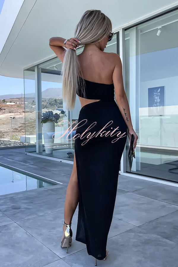 Little Mermaid One Shoulder Cutout Waist Ruched Stretch Maxi Dress