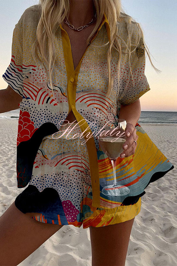 Colorful Cloud Print Loose Button Elastic Waist Shorts Set