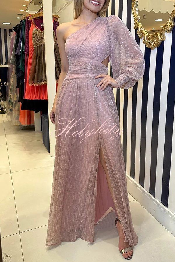 Concert Chic Pleated Shiny Fabric One Shoulder Cutout Maxi Dress