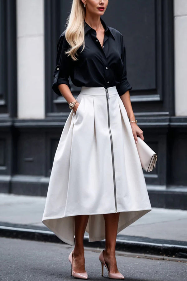 Effortless Charm Front Zipper Detail Pocketed High Low Pleated Midi Skirt