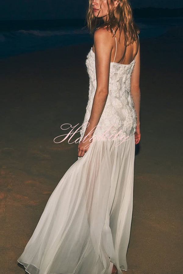 Indulge in Floral Applique Pleated Chiffon Hem Slip Maxi Dress