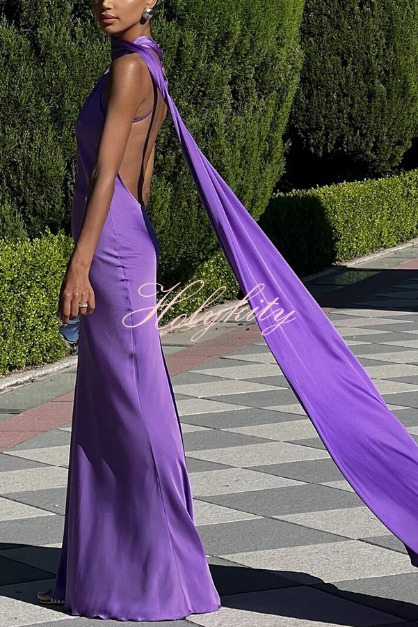 Crush on You Satin One Shoulder Backless Cape Maxi Dress