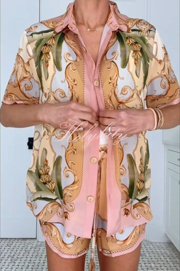 Royalty Unique Print Button Up Short Sleeve Shirt and Elastic Waist Pocketed Loose Shorts Set
