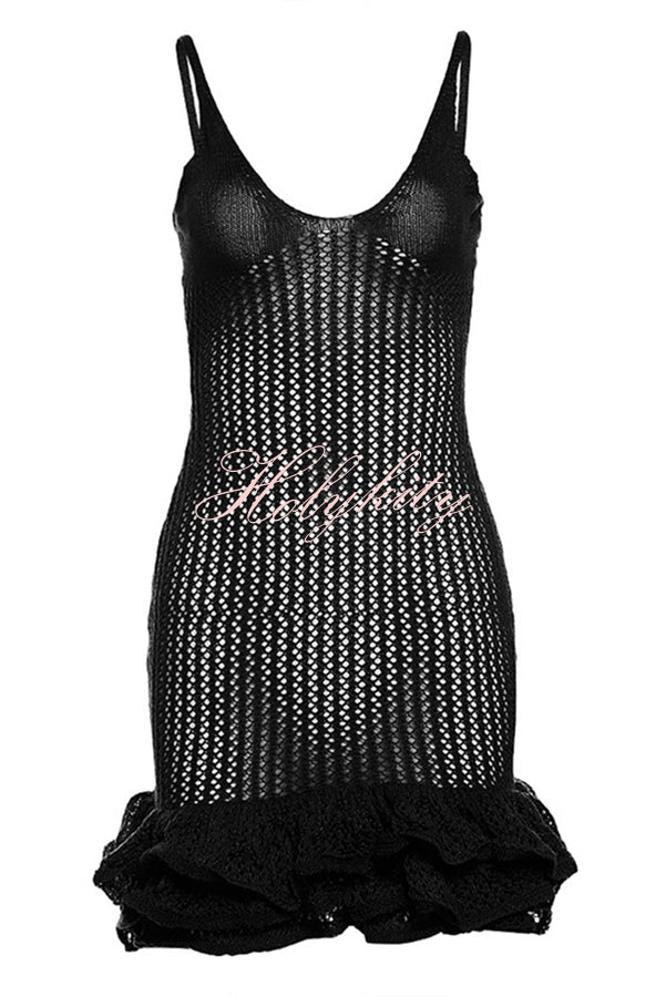 Bali Cutie Knit Layered Ruffle Pleats Hem Tank Stretch Mini Dress