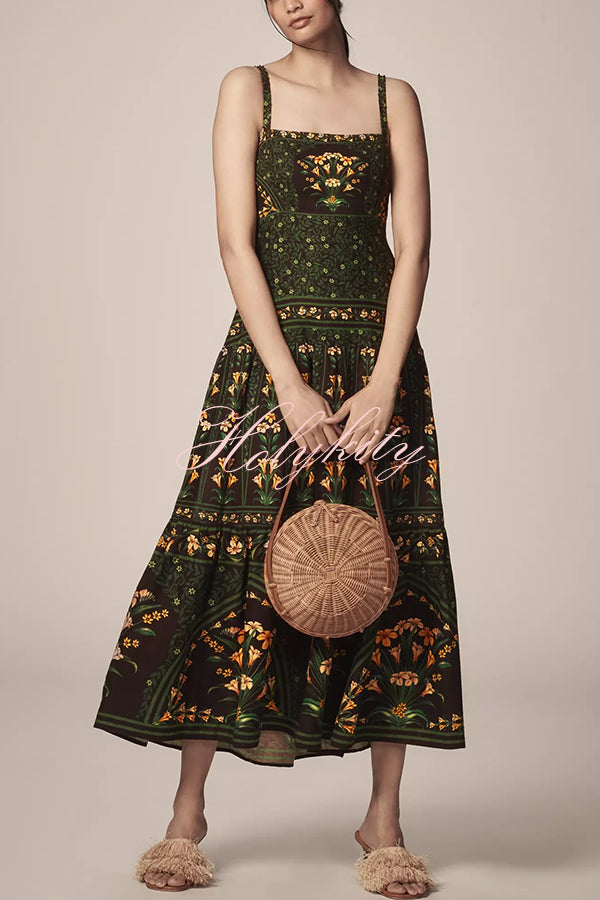 Tropical Look Linen Blend Floral Print Square Neck Back Smocked Midi Dress