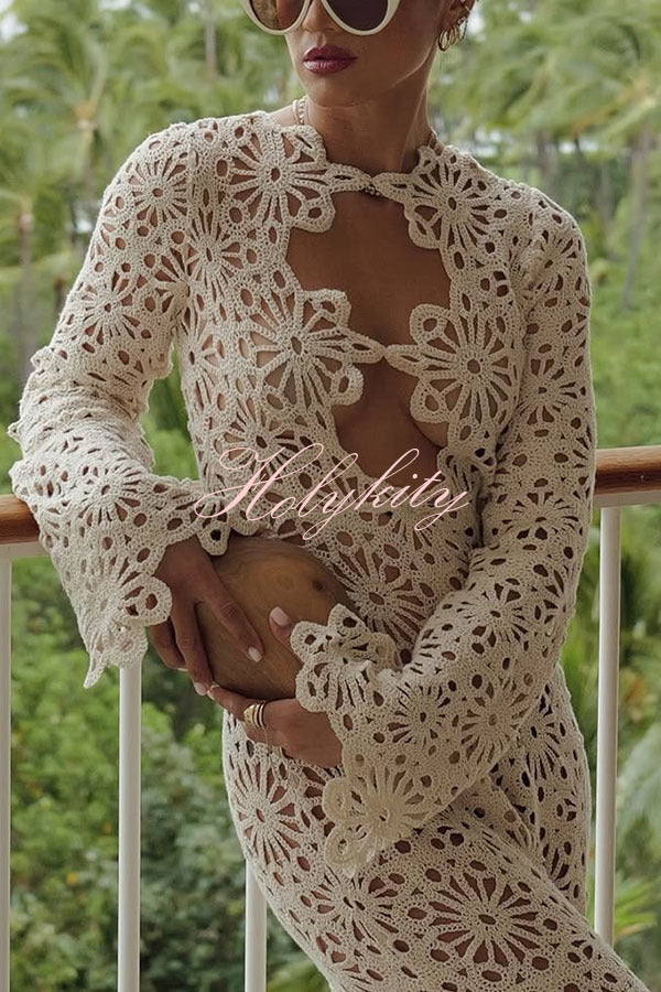 Easy Resort Knit Crochet Cutout Long Sleeve Reversible Vacation Maxi Dress