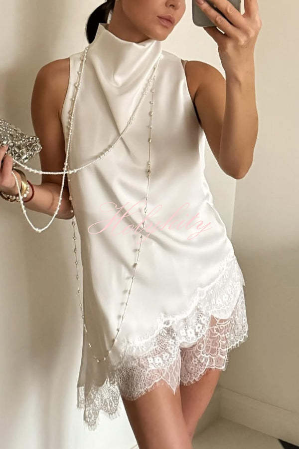 Mirina Hollow Crochet Knit Pearl Trim Heart Collar Crop Vacation Tank