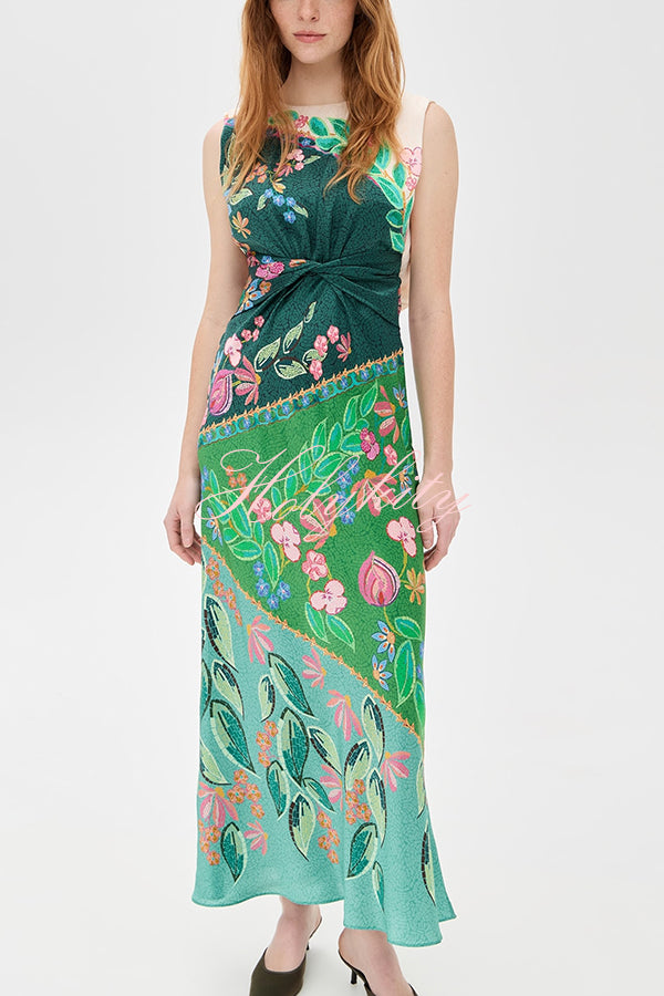 Gwen Satin Unique Print Round Neck Twisted Waist Maxi Dress