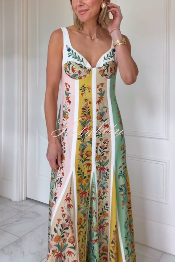 Sweet Garden Linen Blend Color Block Floral Paneled Maxi Dress