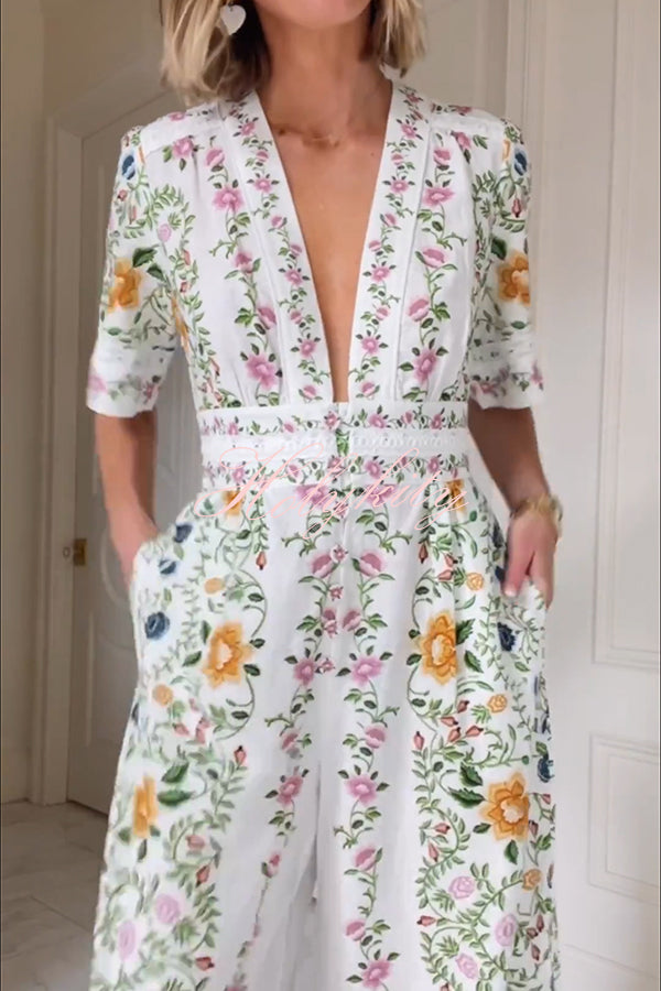 Natural Charm Linen Blend Floral  Print Short Sleeve Pocketed Wide Leg Jumpsuit