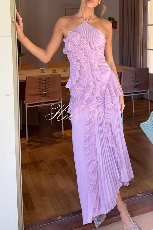 Dream Ode Lily Pad Style Pleats and Ruffles Halter Gown Maxi Dress