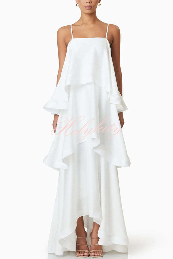 Soft and Smooth Satin Tiered Slip Square Neck A-line Maxi Dress