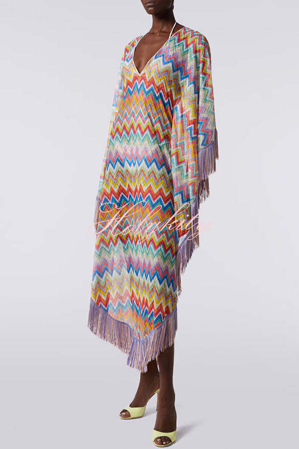Casie Knit Colorful Zigzag Pattern Fringe Trim Cover-up Vacation Maxi Dress