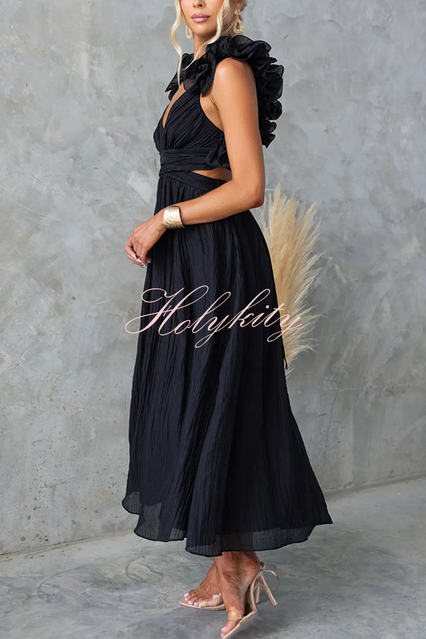 Luxe Lady Floral Ruffle Detail Back Lace-up Elastic Waist Maxi Dress