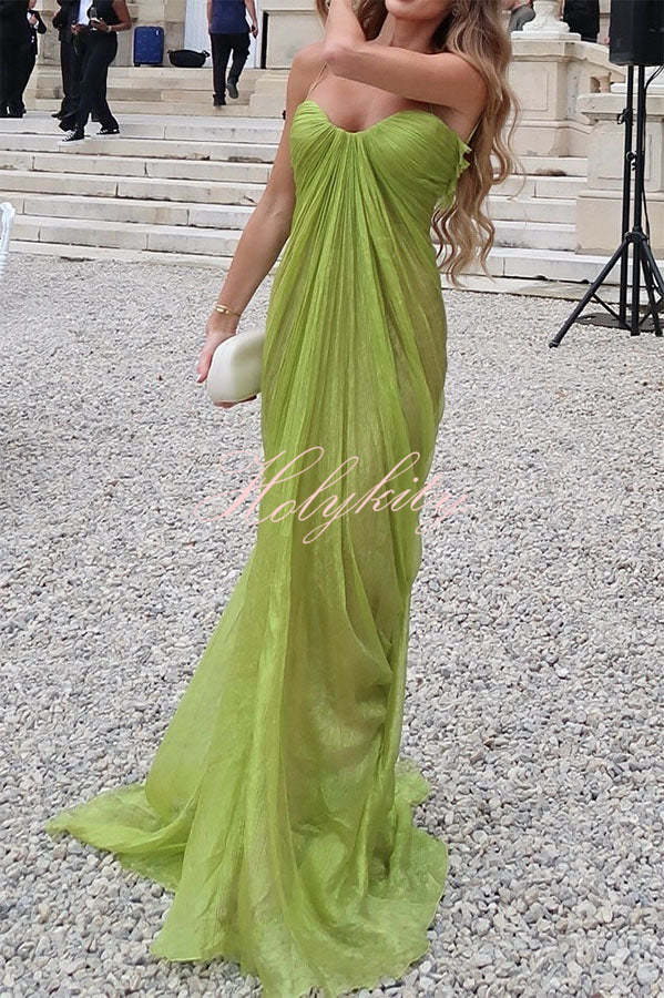 Victoria Shimmering and Flowing Pleated Fabric Back Lace-up Drape Maxi Dress