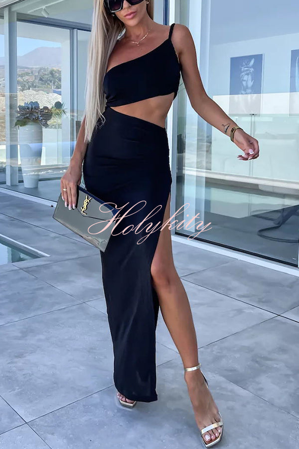 Little Mermaid One Shoulder Cutout Waist Ruched Stretch Maxi Dress
