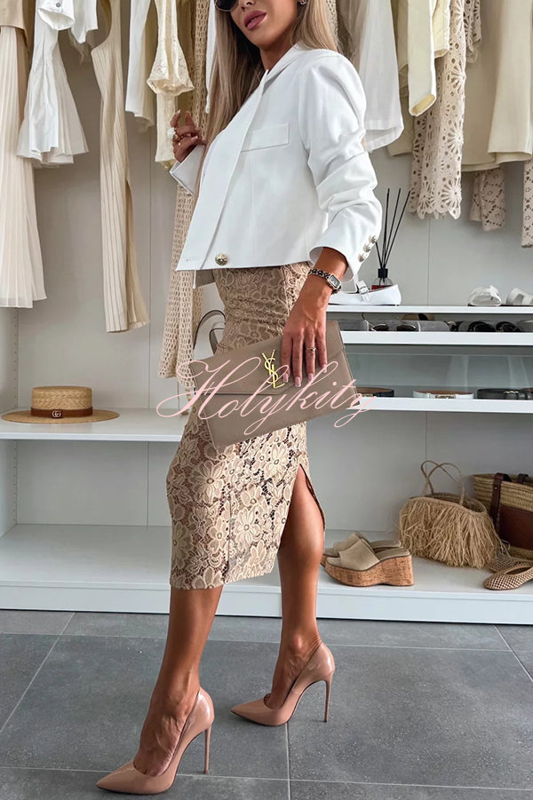 Lesia Floral Lace High Rise Slit Stretch Midi Skirt